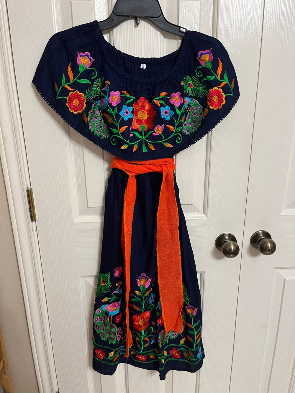 Navy Mexican Embroidered Off-Shoulder Dress with Orange Sash